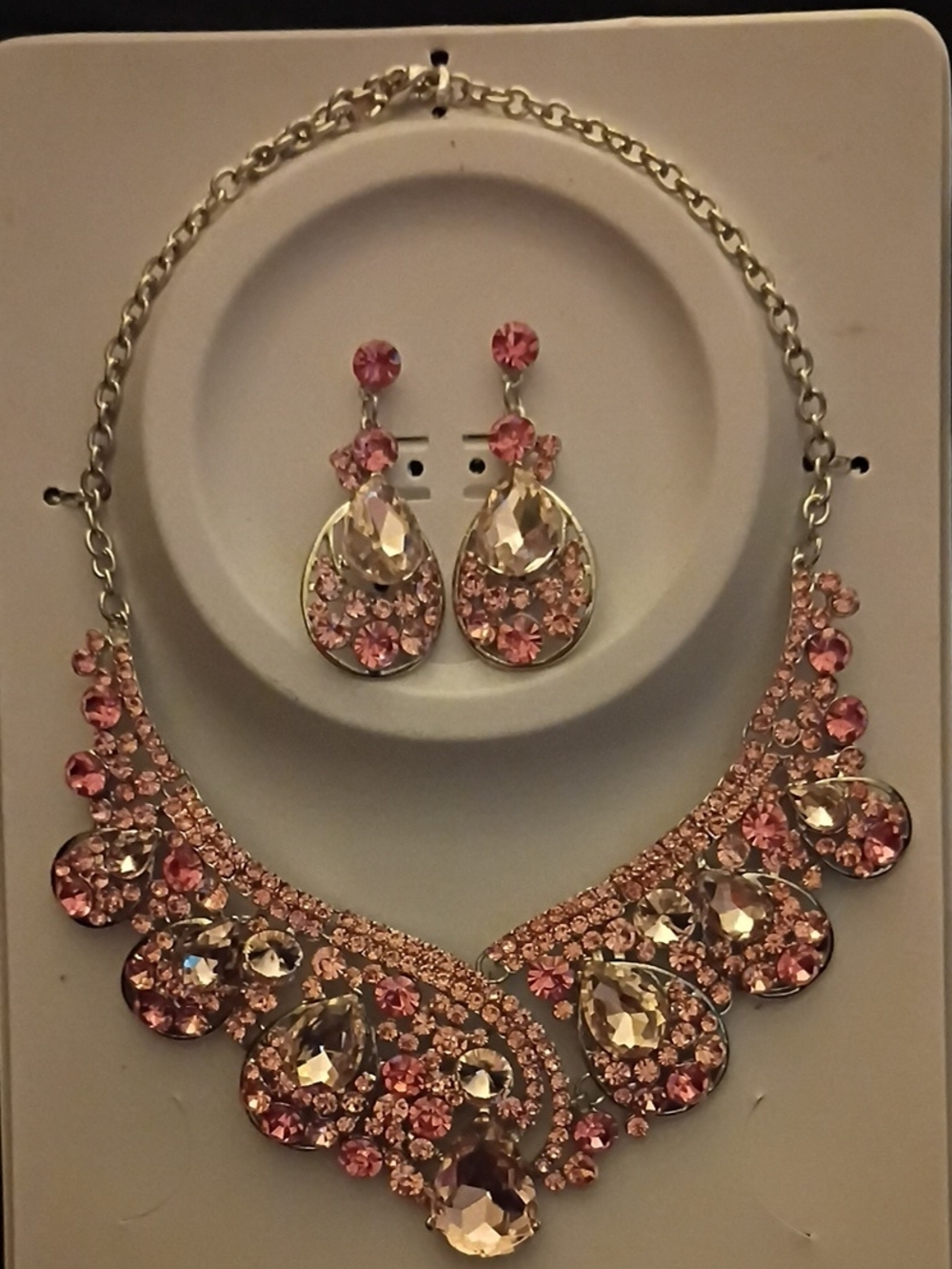 Elegant Pink Crystal Teardrop Necklace & Earring Set
